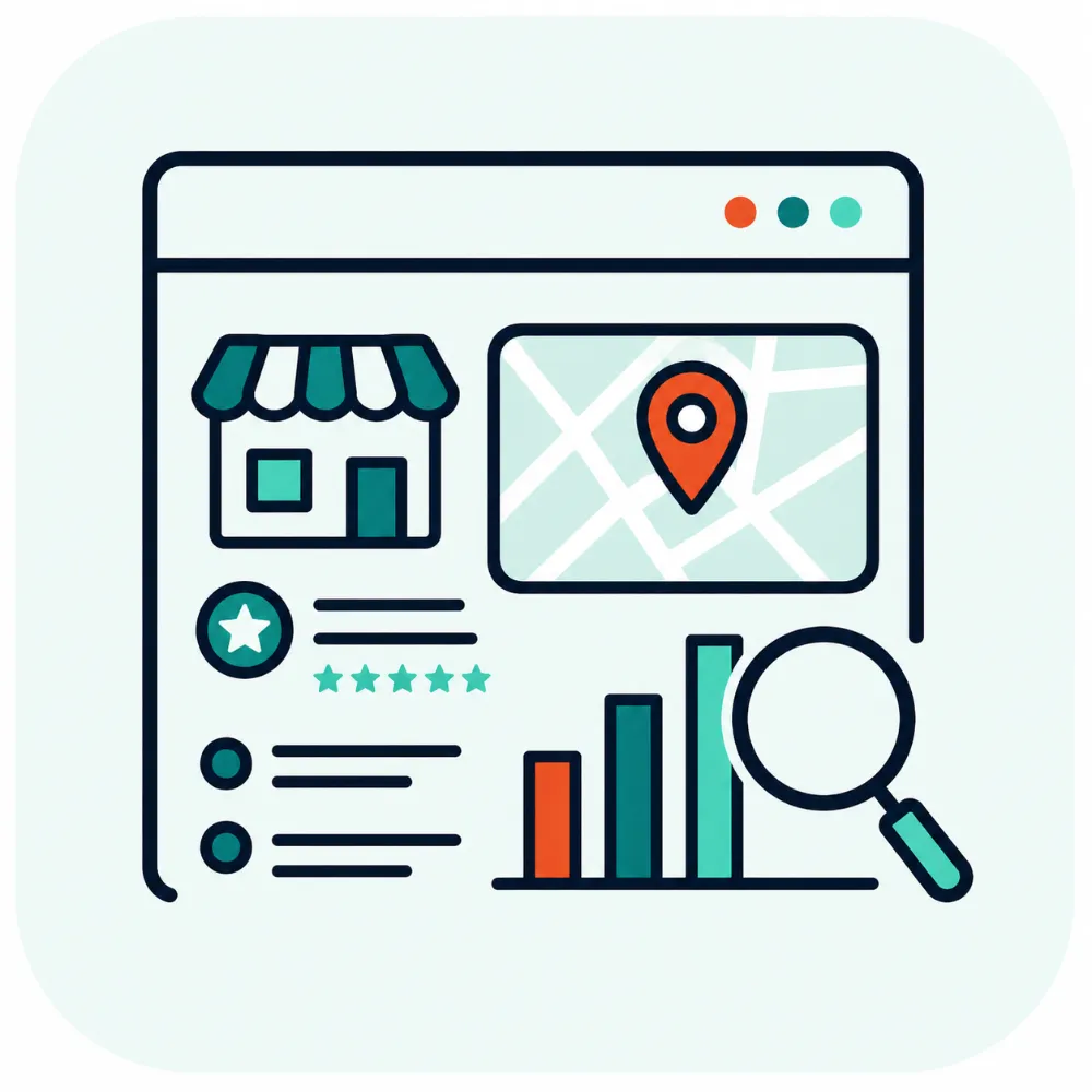 Local business listing with map and analytics icons - MarqEight